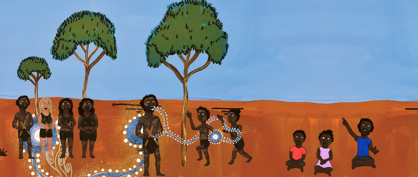 a drawing of a group of people playing with a tree