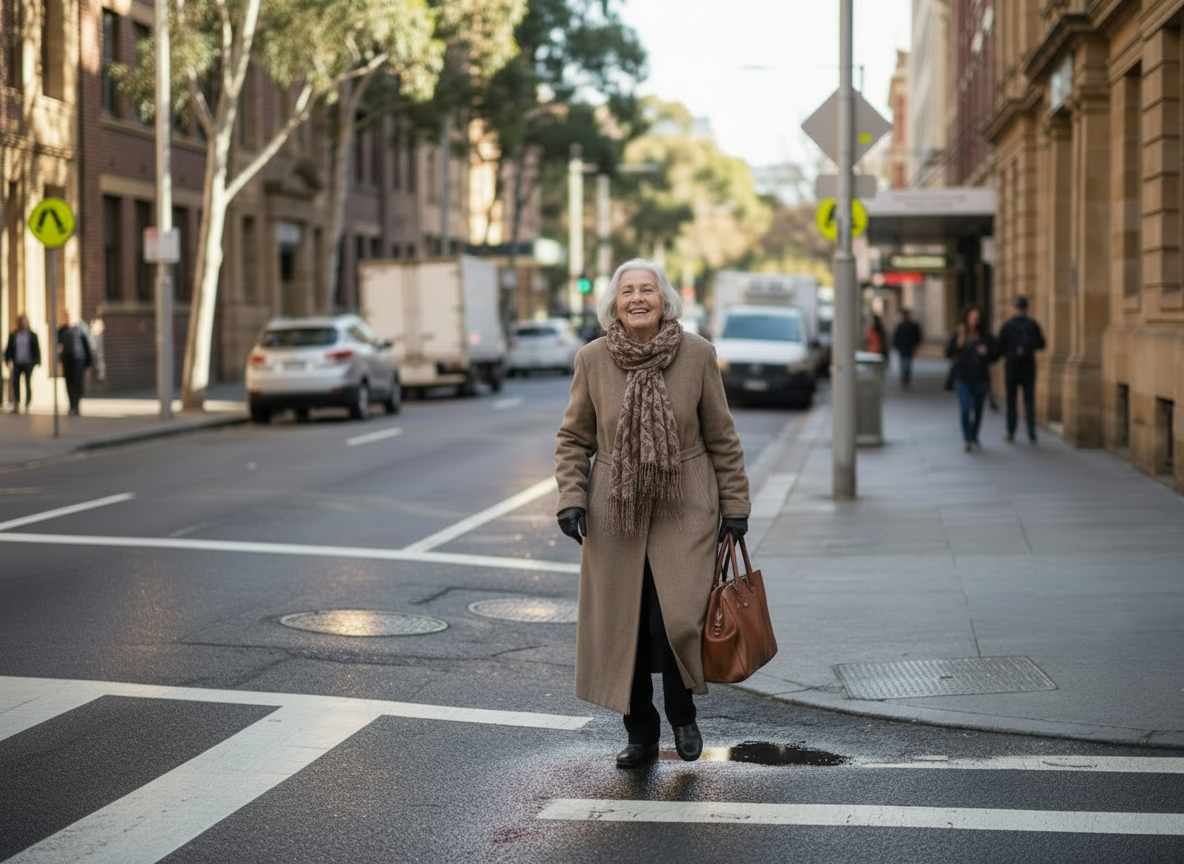 Elderly lady wearing brown overcoat walking down a city street during the day