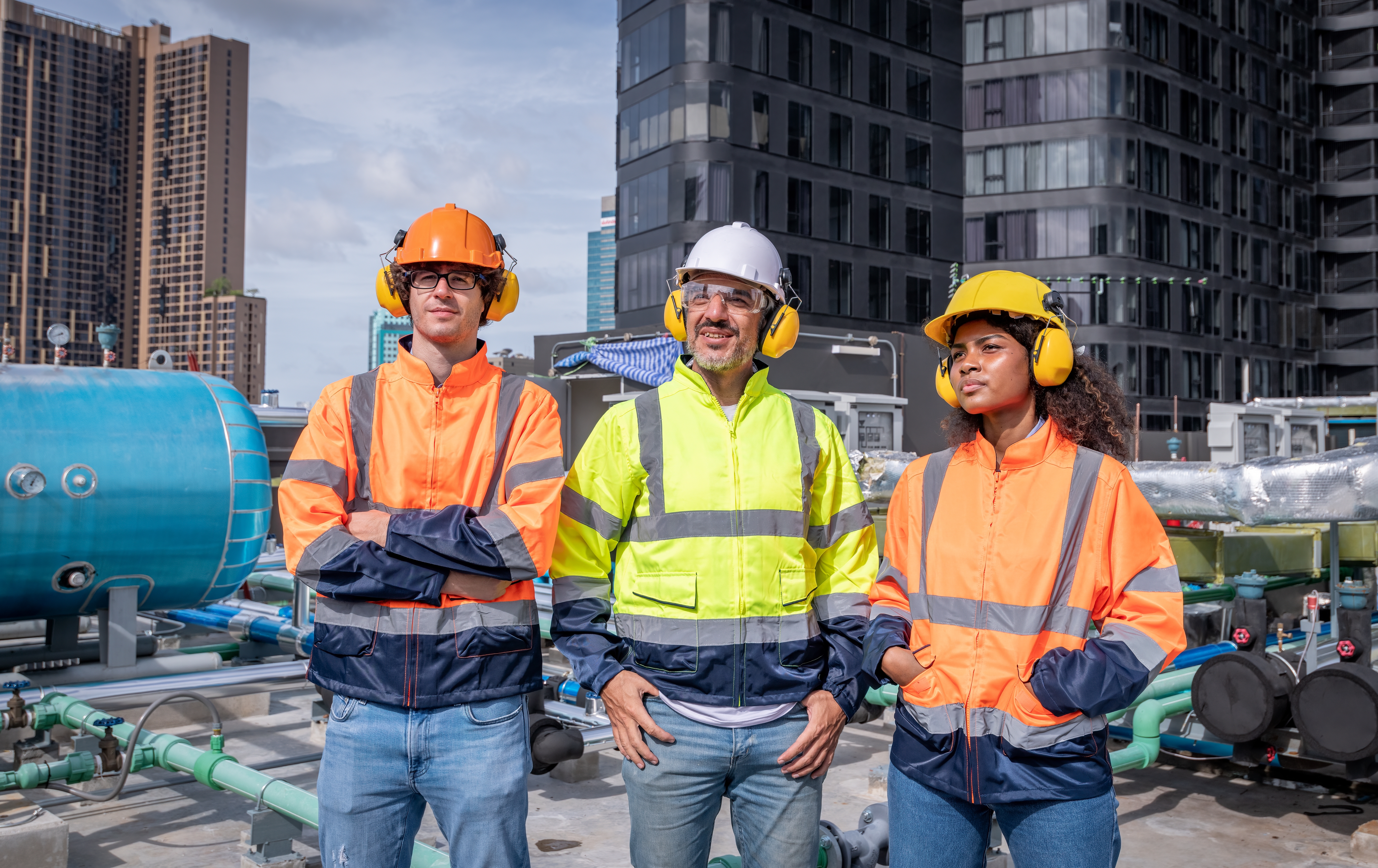 Three construction workers wearing hearing protection