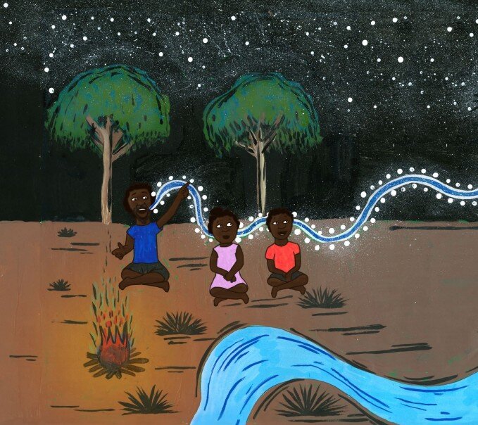 a group of children sitting in the sand
