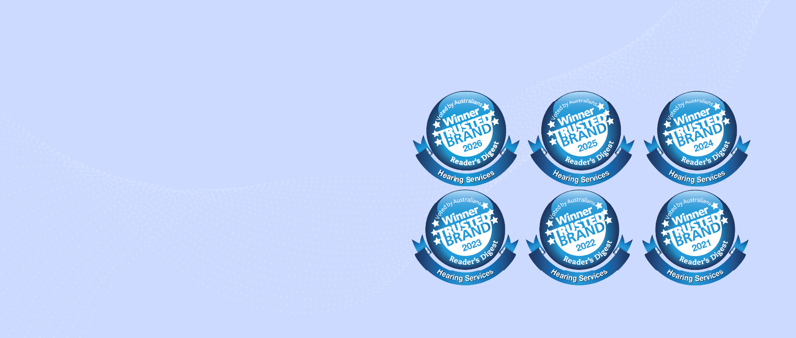 a group of blue badges with white text