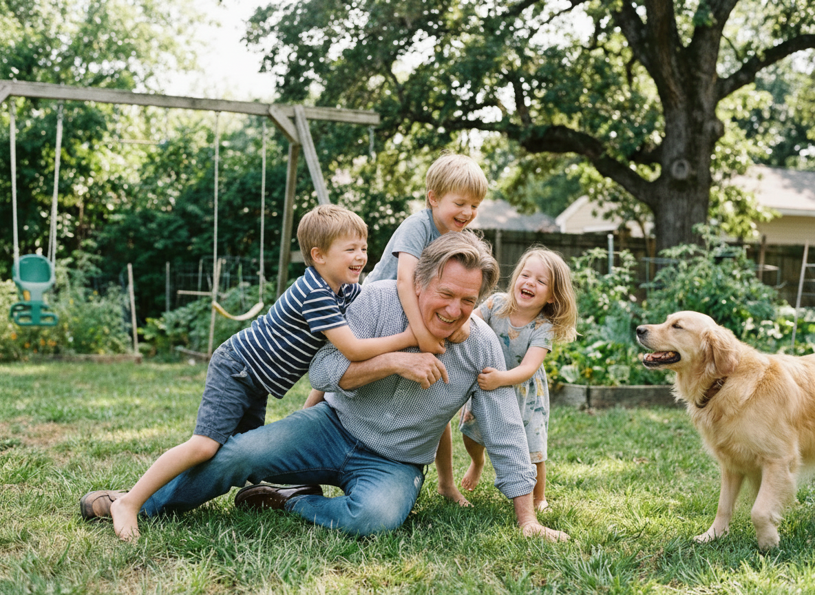 children and dog playing with grandfather in backyard during the day