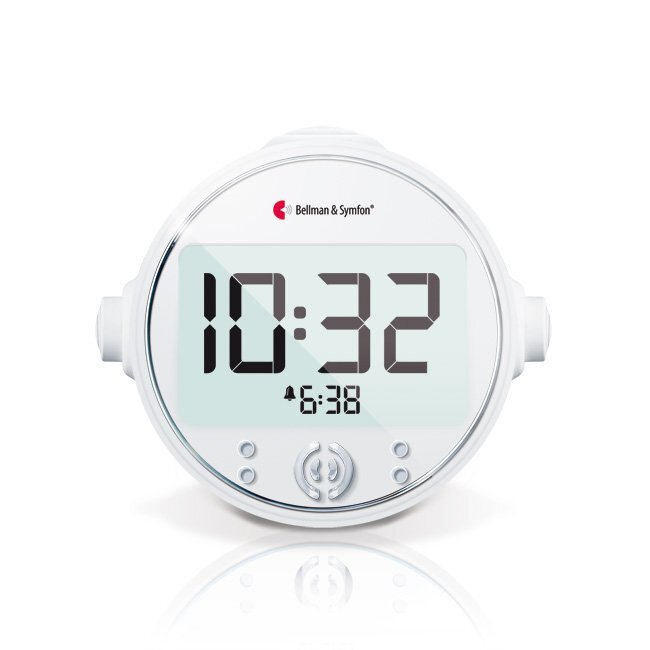 Vibrating alarm clock assistive device in white