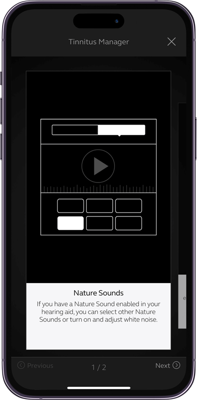 Tinnitus management interface on the Hearing Australia app displayed on a mobile phone screen