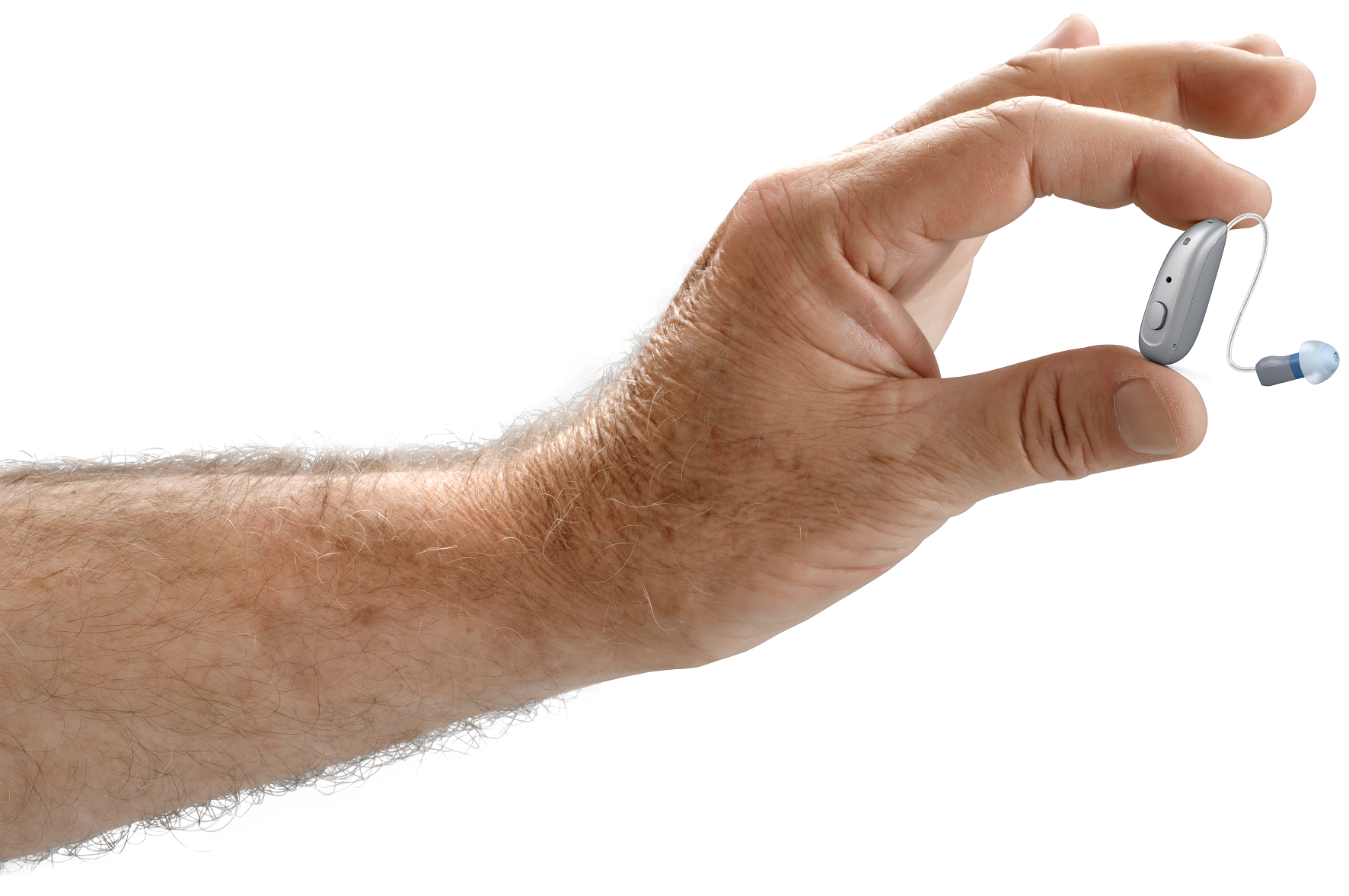 A hand holding Hearing Australia XF range hearing aids, showcasing the device