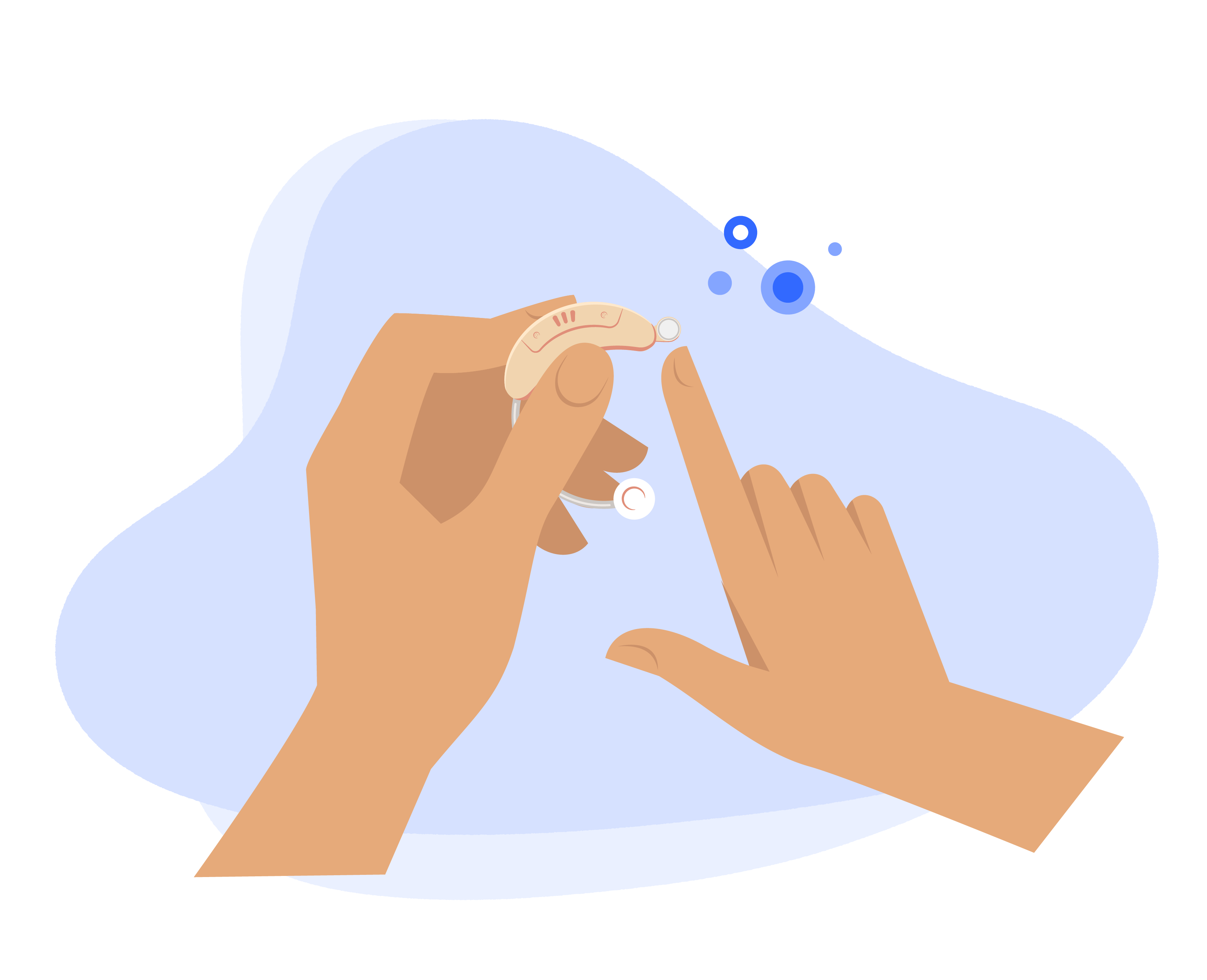 Illustration of a hand holding a hearing aid device